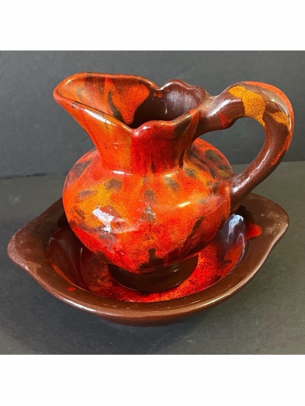 Cal USA 1107 Brown Burgundy Drip Glaze Studio Pottery Pitcher Bowl Set Vintage